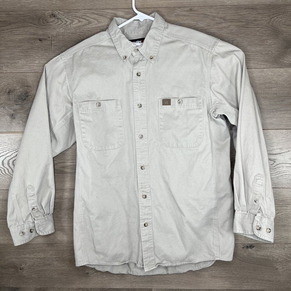 Wrangler Riggs Workwear Button Down Shirt Mens Lg Button Up Pocket Taupe Khaki - Picture 2 of 11